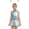 Monduelle Bambina Spaziale Costume da Alieno Lucido Tuta Metallizzato Abito Vestito +Cerchietto Compleanno Spazio Cosplay Festa di Halloween Carnevale Nastro 7-8 anni