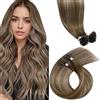 LaaVoo Extension Capelli Veri Cheratina Balayage Marrone Chiaro con Biondo Scuro a Marrone Chiaro 60cm 50g 50 Ciocche, Remy Umani Lisci, per Ogni Giorno Colore 8-16-8