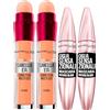 Maybelline 2x Maybelline New York Ciglia Sensazionali Mascara Volumizzante Colore Intense Black + 2x Il Cancella Età Correttore Liquido Multiuso Colore 02 Nude con Applicatore a Spugnetta
