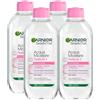 Garnier SkinActive Acqua Micellare Tutto in 1 per Pelli Sensibili Azione Detergente Idratante Struccante Senza Risciacquo Viso Occhi Labbra Formula Ipoallergenica Senza Profumo - 4 Flaconi da da 400ml