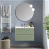 Inbagno Mobile bagno sospeso 100 cm verde salvia cannettato con 2 cassetti, lavabo in ceramica e specchio tondo 80 cm, GIAVA
