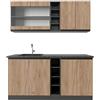 Vicco Cucina completa R-Line, Rovere dorato/antracite, 160 cm Forma a J, con piano di lavoro e lavello, premontato pronto per il collegamento