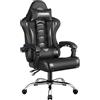 Yaheetech Sedia Gaming Ergonomica Massaggiante Reclinabile con Poggiatesta e Supporto Lombare Braccioli Imbottiti in Finta Pelle, Poltrona Gamer da Scrivania con Ruote Girevole Nero
