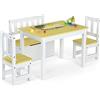 RELAX4LIFE Set 4 Pezzi Tavolo e Sedie per Bambini con Seduta con Contenitore, Tavolino Attività + 2 Sedie + Panca Portaoggetti, per Giocare, Disegnare e Mangiare (Legno+Bianco)
