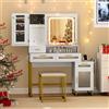 COSTWAY Toeletta da Trucco con Luci, Stazione di Ricarica (Modello 2) | Set Tavolo e Sgabello da Trucco con Luci LED a 3 Colori, 3 Cassetti, Armadietto per Gioie, Supporto per Asciugacapelli