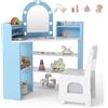LIFEZEAL Toeletta Trucco Angolare per Bambina con Luci e Sgabello | Postazione Make up 3+Anni, Sedia, Vanity Salvaspazio con Ripiani, Cassetto e Accessori, Cameretta, Blu