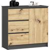AKORD | Cassettiera K-80 JERRY con 3 Cassetti | Armadio Cameretta con 2 Ripiani e 1 Anta | Moderna Mobiletto per Soggiorno | Moderno | 80x77x35 cm | Grigio Grafite + Frontale Rovere Artisan