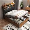 Wyibwy Struttura letto 90x200 cm con testiera imbottita e USB e Type-C,Letto singolo 90x200 con meccanismo di sollevamento idraulico,strato contenitore nascosto,design retrò in legno e metallo,Nero