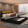Rtopsu Letto Imbottito Letto Matrimoniale 140x200 cm con Testata a LED, Letti con Contenitore, Struttura Letti con Struttura Metallica Idraulica e Doghe in Legno, PU, Nero, Senza Materasso