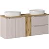 Lomadox Lavabo doppio da bagno, 140 cm, con 2 lavabo, cashmere e quercia, frontale scanalato