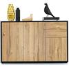 Vladon Madia Ben V3, mobile con 3 ante e 2 cassetti, nero opaco/quercia naturale (117 x 74 x 36 cm)