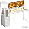 HOMCOM Scrivania Gaming con Supporto CPU Regolabile Reversibile e LED, 147x47cm Postazione Gaming con Stazione di Ricarica, Supporto per Monitor, 3 Cassetti in Tessuto, per Casa Ufficio Studio, Bianco