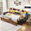 Wiuzo Divano letto in ferro 90 x 200 cm, con illuminazione a LED e spazio di archiviazione, con cassetti e presa multifunzionale, scrivania pieghevole, schienale morbido, letto singolo (colore legno)