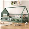 Huayz Letto per bambini a forma di casa 90×200cm, Montessori letto a pavimento con protezione anticaduta e rete a doghe, letto in legno per bambini e bambine, senza materasso (Verde -90×200cm)