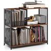 COSTWAY Supporto per Giradischi a 3 Ripiani, Fino a 300 Album, Porta Giradischi Vinili con 3 Separatori Rimovibili e Struttura in Metallo, Mensola di Archiviazione, 83x36x76,5 cm (Marrone)