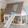 YuQozii Letto a castello 140 x 200 con tetto, scala e scivolo, bianco+marrone