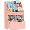 HOMCOM Piccola Libreria per Bambini con Ripiani, Cassetto e Ruote, Scaffale per Giocattoli e Libri in MDF per Cameretta, 60x29.9x90cm, Rosa