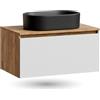 Planetmöbel - Set di mobili da bagno, armadietto sottolavabo da 80 cm, in rovere Arisa, oro bianco (con nervature), lavabo da 55 cm nero, incluso sifone salvaspazio