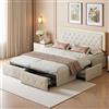 Zorvani Letto Matrimoniale Imbottito 160x200 cm con Luci a LED, Struttura Letto Matrimoniale con 4 Cassetti, Letto con Contenitore, Supporto a Doghe in Legno, in Pelle PU, Beige