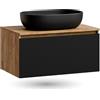Planetmöbel - Set di mobili da bagno, composto da mobile sottolavabo da 80 cm in oro, rovere nero (con nervature), lavandino da 60 cm nero, incluso sifone salvaspazio