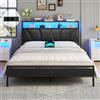 Brinlawb Letto Imbottito 140x190 cm, Struttura letto con Luce LED e Stazione di Ricarica (2 Prese CA 2 Porte USB) Letto Matrimoniale con testiera e pediera, Facile da montare, Moderno, Nero