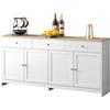 Azkoeesy Buffet, Mobile TV, Credenza con 3 cassetti e 4 ante, 160x37x75 cm, maniglie argentate, stile country, bianca con piano in legno naturale, per soggiorno, sala da pranzo e cucina