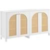 Azkoeesy Credenza con 4 ante in rattan, maniglie in metallo dorato, 145x40x80 cm, ripiani regolabili, minimalista, armadio da cucina/soggiorno, bianco