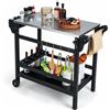 KOMFOTTEU Carrello per barbecue con piano di lavoro in acciaio inox, carrello da giardino in HDPE, carrello da portata con vassoio per spezie, scaffale per bottiglie di vino e gancio