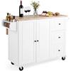 COSTWAY Carrello da Cucina in Legno, Carrello Isola Cucina con Ripiano Ribaltabile, Ruote, 3 Cassetti e Armadietto, Porta Spezie e Asciugamani, 129,5x76x93 cm