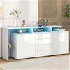 Azkoeesy Credenza, Cassettiera Bianca Lucida con LED 160x35x70 cm, 4 Cassetti, 2 Ante, Mensole in Vetro, Mobile TV Moderno Elegante, Mobile Multifunzione per Soggiorno e Sala da Pranzo