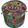 DK Homewares Ottomane Tradizionale Pouf Hassock Rotondo Verde Patchwork Ricamato Cotone Pouf Soggiorno Pouf Decorativo poggiapiedi Pouf | (16x16x13 Pollici / 40 cm) | Solo Copertura