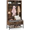 COSTWAY 4 in 1 Appendiabiti da Ingresso, Armadio con Appendiabiti Multifunzionale, con Panca Cuscino e Ganci, Panchina per Ingresso, 90 x 38,5 x 170 cm (Marrone)