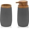 Inbagno Set 2 Pezzi Dispenser Sapone e Porta spazzolino, in plastica Grigio, con Dettagli Effetto Legno, Serie Blob