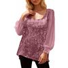 Nuqqichongtian Top Donna Elegante Sexy Argento Paillettes Camicetta Maglia Bordeaux in Pizzo con Paillettes Manica Lunga Curvy Blusa sotto Giacca