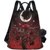 Yoogain Zaino gotico con rosa rossa al chiaro di luna, alla moda, per scuola superiore, antifurto, carino zaino da donna per viaggi, lavoro, tutti i giorni, con portachiavi con pompon