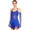 Freebily Abito da Ballo Latino Americano Tango Donna con Guanti Vestito da Pattinaggio Artistico con Nappe Strass Body Ginnastica Ritmica Costume Danza Samba Rumba Salsa Blu Reale L