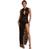 OCUH Vestito Lungo in Pizzo Nero Trasparente Vestito Sexy da Donna Gonna con Apertura Alta Aderente per Le Vacanze Feste, Nero, S