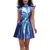 Generico Costume Astronauta Donna Carnevale in Pelle Verniciata Metallizzato Colletto Alto Vestito Alieno Elegante Maniche Corte Vestiti Curvy Abito per Cosplay, Halloween, Feste, Cheerleader, Discoteca,Verde