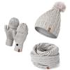 HEYO Set di guanti da donna | berretto invernale foderato con pompon in pelliccia sintetica | grande sciarpa ad anello | dita a maglia / senza dita - guanti invernali per touch screen, grigio.