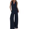 PAIDAXING - Completo da donna in cotone e lino, 2 pezzi, con giacca, pantaloni a gamba larga, top senza maniche con scollo a V, elegante, autunnale, per ufficio e lavoro, 02-blu navy, L