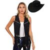 CHICTRY Gilet da Cowgirl Donna Vest Western Senza Maniche Giacca con Nappa Aperte sul Davanti + Cappello da Cowboy per Costumi di Carnevale e Feste a Tema Marrone M