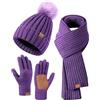 Générique 3 in 1 Cappello a Maglia Sciarpa e Guanti Uomo Donna Inverno Cappello a Maglia Beanie Caldo con Fodera in Pile Sciarpa Lunga Guanti Touch Screen per Sport All'aperto, viola., Taglia unica