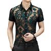 Yeuyyben Camicia Nera Trasparente per Uomo Sexy Manica Corta Fiore A Rete in Pizzo Top Blu