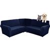 SHUOJIA Copridivano in velluto a forma di L, a 5/7 posti, copridivano angolare super elastico 3 pezzi, per Divano Componibile Fodera Protezione per Mobili con Fondo Elastiche (Navy blue,5-seater)