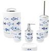 BM 4026 Set di Accessori da Bagno Bianco Blu Decorato Motivo Pesciolini, Accessori Bagno Completo 6 Pezzi, Dispenser, Portaspazzolino, Bicchiere, Portasaponetta, Portascopino, Pattumiera