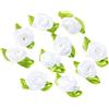 Duories 100 mini teste di fiori artificiali, fiocchi, rose con foglia, fiori per fai da te, decorazioni floreali, decorazioni per fai da te, per scrapbooking, decorazioni per capelli, colore bianco