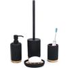 BM Set Accessori Bagno 4 Pezzi in Resina e Bambù - Dispenser Sapone, Portaspazzolino, Portasapone, Porta Scopino WC - Design Moderno ed Elegante per un Bagno Ordinato e Raffinato