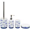 BM 4080 Set di Accessori da Bagno in Ceramica Bianco Blu Decorato Motivo Pesciolini, Set Accessori Bagno Completo 4 Pezzi, Dispenser, Portaspazzolino, Portasaponetta, Portascopino