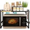 SONGMICS Mensola Microonde Estensibile, Scaffale Supporto Forno a Microonde, Larghezza Regolabile da 41,5 a 64 cm, Cucina, Acciaio e Bambù, 4 Ganci, Nero Inchiostro e Bambù Chiaro KCS060B01