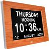 XCC Digital Calendar Day Clock Photo Photo Frame- Auto Dimmable Display 12 Opzioni di allarme, Orologio digitale Vision Vision extra large con sveglia di giorno e mese non abbreviata (woodgrain da 8 polli